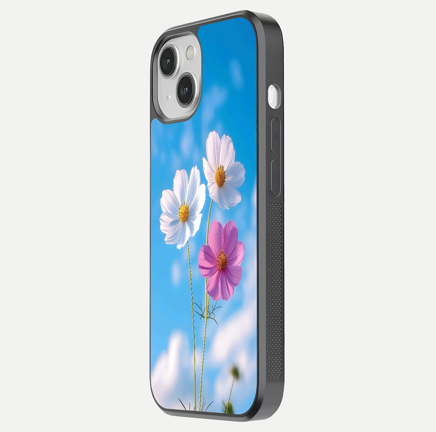 Triple Flowers With Sky Glass Case for iPhone 13 side-angle image showing gloss, texture, and floral design
