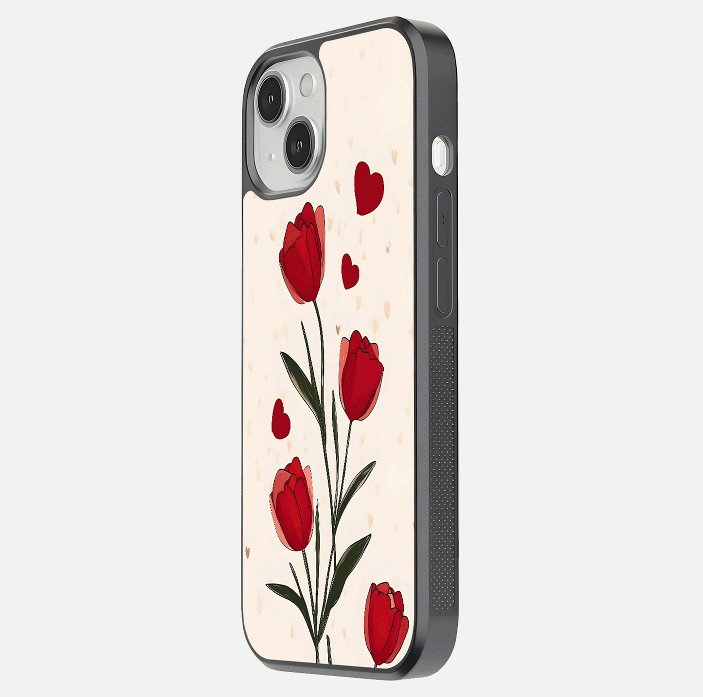 Tulip With Heart Glass Case for iPhone 13 side-angle image showing floral reflection and subtle gradient