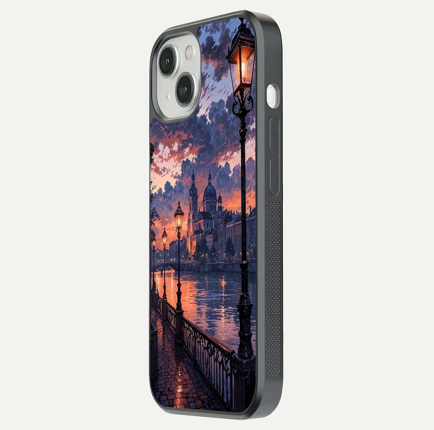 Twilight River Lights Glass Case for iPhone 13 side-angle image showing reflections, lighting, and gradient tones
