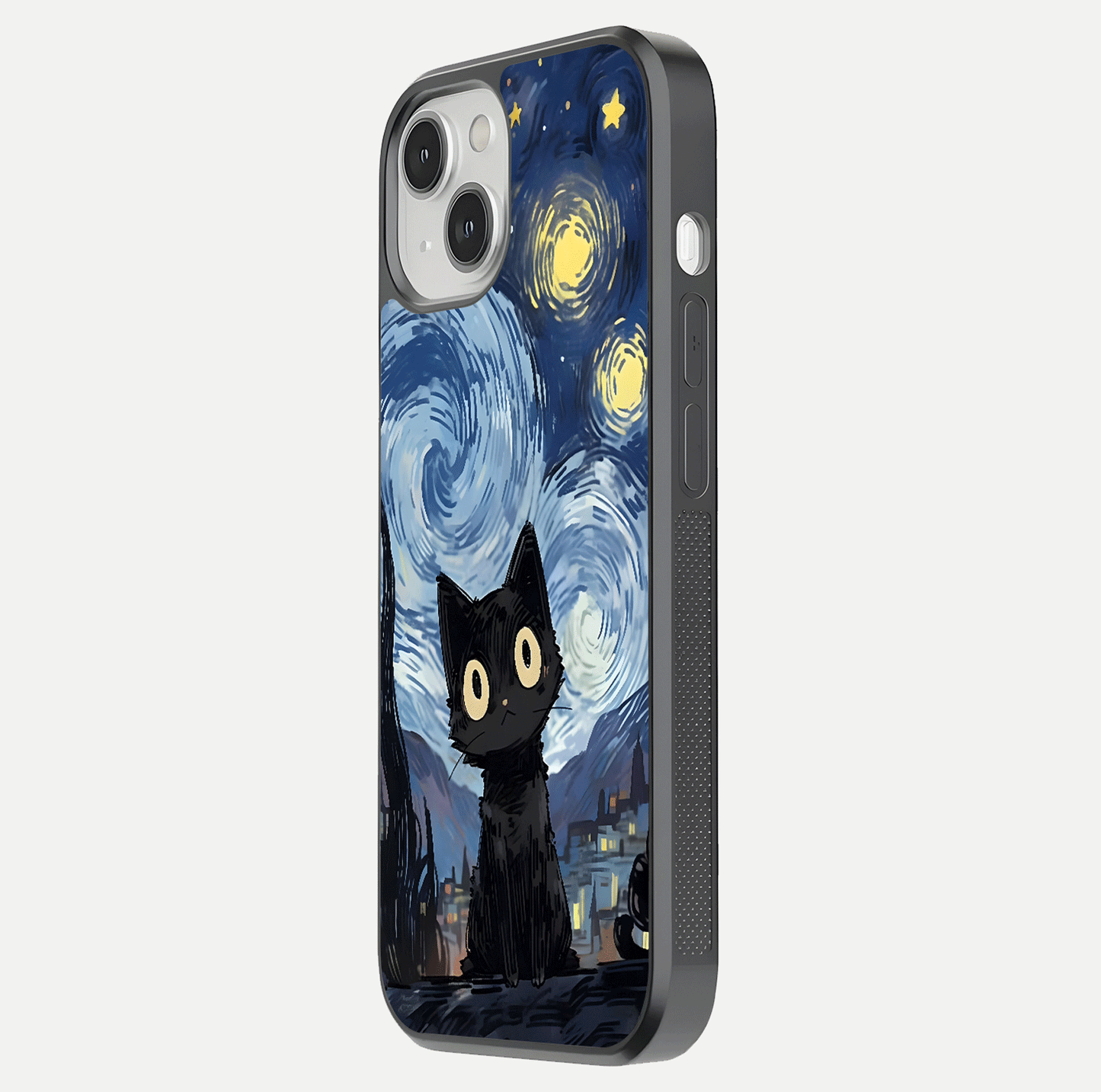 Van Gogh Cat Glass Case for iPhone 13 side-angle image showing light reflection and vivid artwork