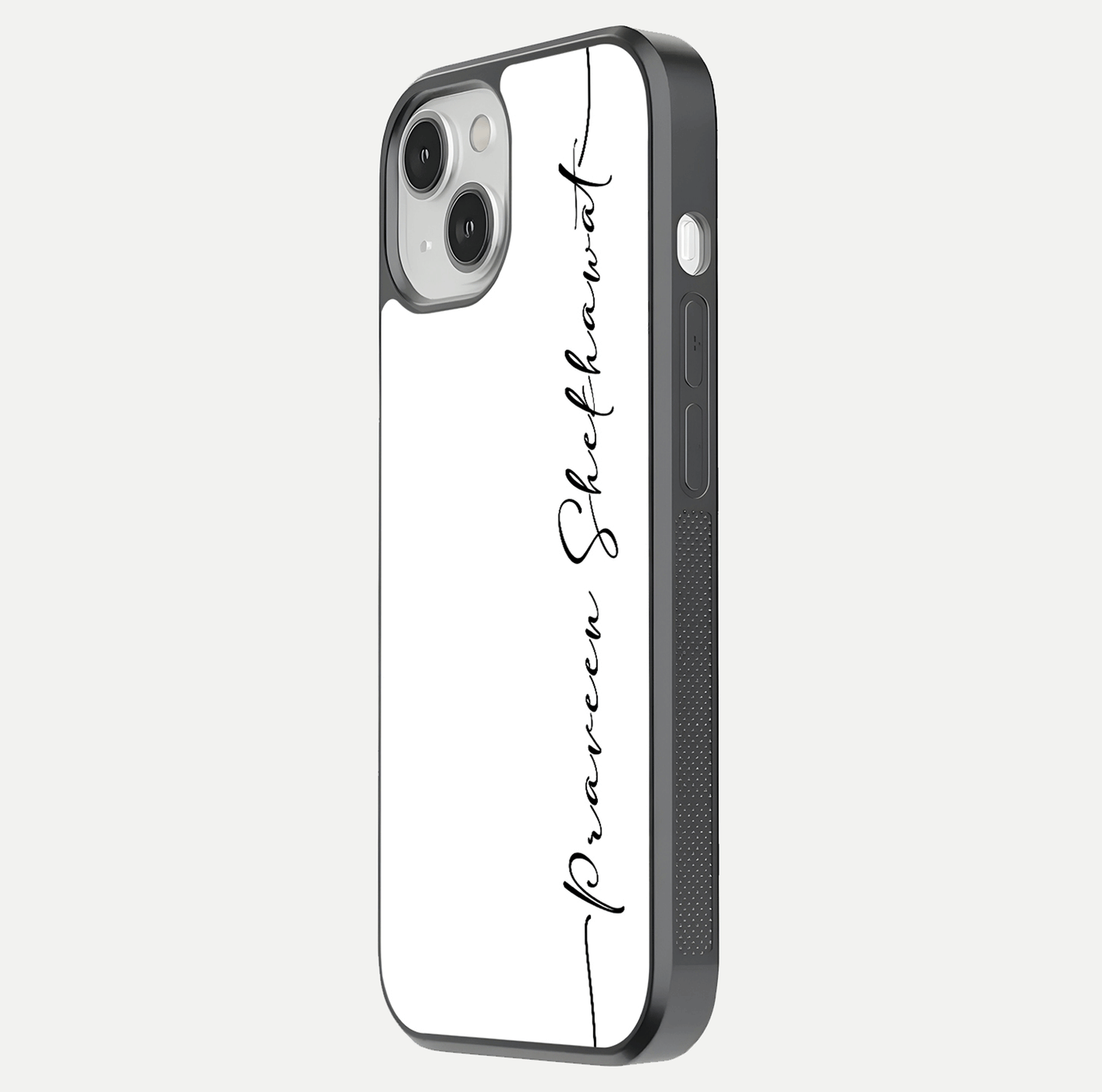 White Tune Custom Name Glass Case for iPhone 13 side-angle image showing shine, gloss, and minimal tone