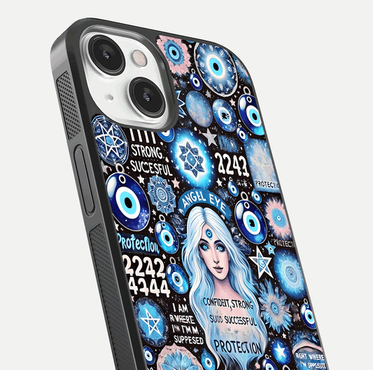 Angel Aura Shield Glass Case for iPhone 13 Mini close-up view capturing aura glow, metallic tones, and shine texture