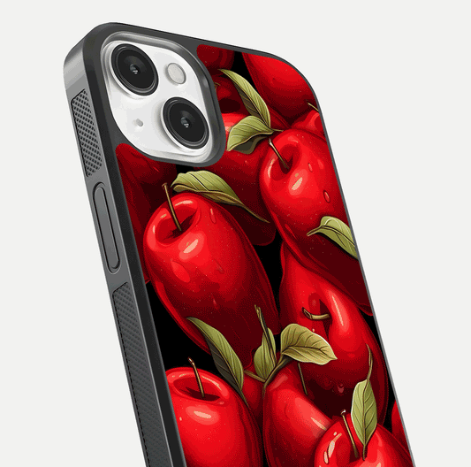 Apple Pattern Glass Case for iPhone 13 Mini close-up angle showing pattern texture and shine reflection