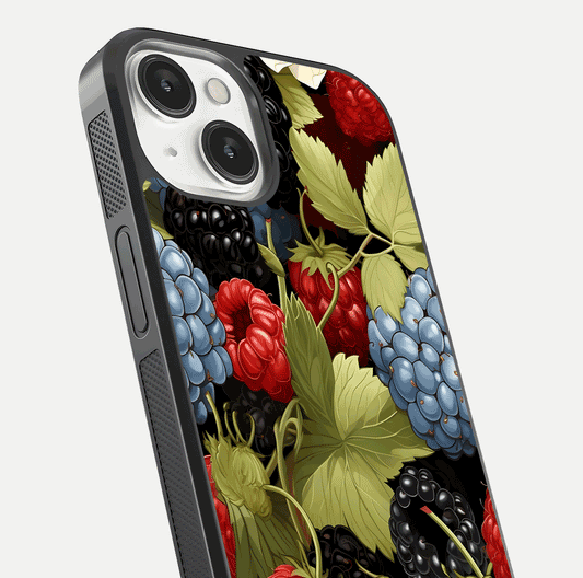 Berry Bloom Charm Glass Case for iPhone 13 Mini close-up view highlighting berry color tones and fine petal detailing