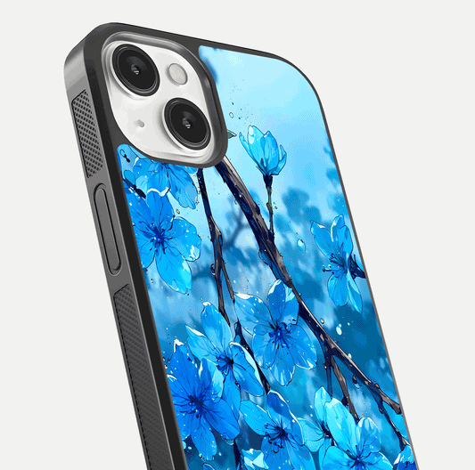 Blue Blossoms Branch Glass Case for iPhone 13 Mini close-up angle highlighting petal details and reflection gloss