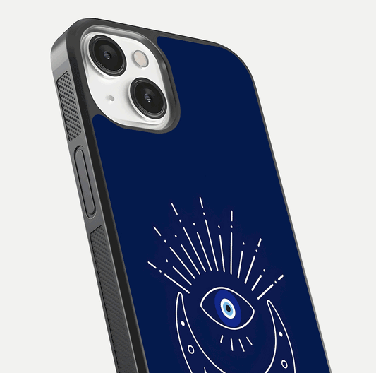 Blue Evil Eye Glass Case for iPhone 13 Mini close-up shot highlighting eye motif, protection symbol, and glass shine