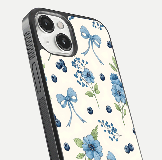 Blue Flower & Bow Glass Case for iPhone 13 Mini close-up shot highlighting ribbon detail and flower gloss finish