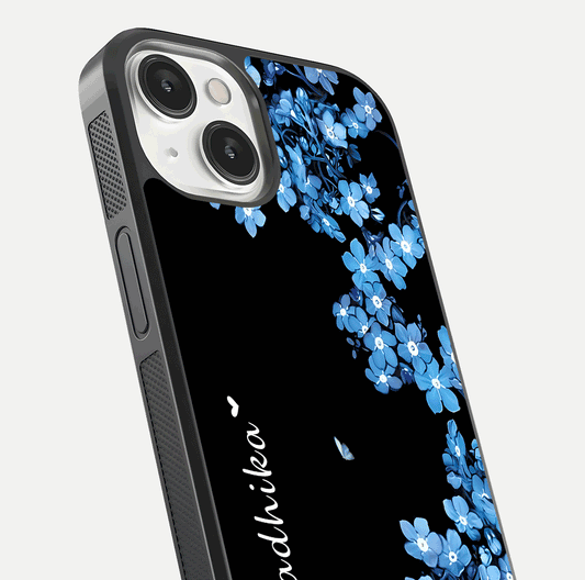 Blue Petal Dream Custom Name Glass Case for iPhone 13 Mini close-up highlighting petal texture and gloss reflection