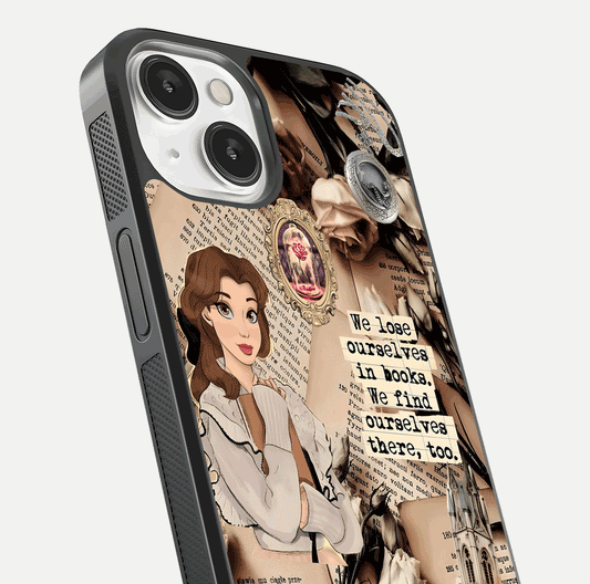 Bookish Dream World Glass Case for iPhone 13 Mini close-up shot highlighting book elements and reflection gloss