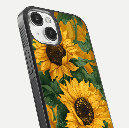 Bright Sunflower Bloom Glass Case for iPhone 13 Mini close-up image highlighting yellow petal detail and HD reflection