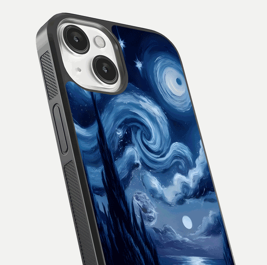 Celestial Dream Van Gogh Glass Case for iPhone 13 Mini close-up view capturing vivid brush details and star reflection