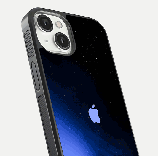 Cosmic Blue Apple Glass Case for iPhone 13 Mini close-up highlighting galaxy pattern, shine, and reflection detail