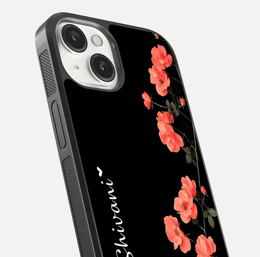 Crimson Bloom Grace Custom Name Glass Case for iPhone 13 Mini close-up highlighting flower pattern and reflection texture
