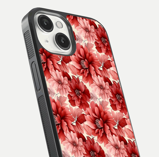Crimson Love Petals Glass Case for iPhone 13 Mini close-up highlighting petal texture and light reflection