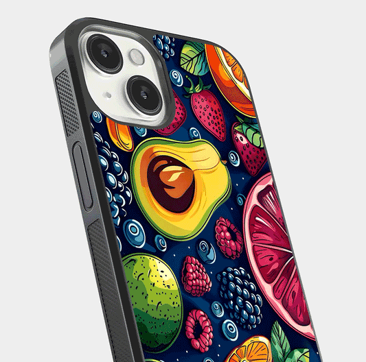 Cute Fruits Art Glass Case for iPhone 13 Mini close-up highlighting fruit shapes, color tones, and reflection polish