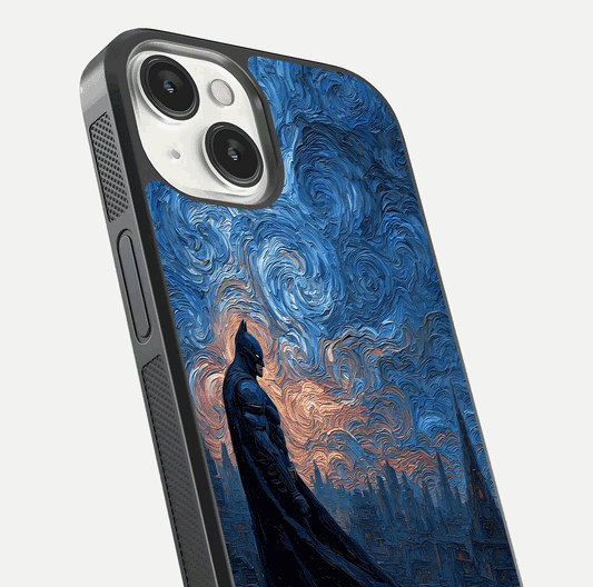 Dark Knight Dusk Glass Case for iPhone 13 Mini close-up highlighting dark suit texture and reflection detail