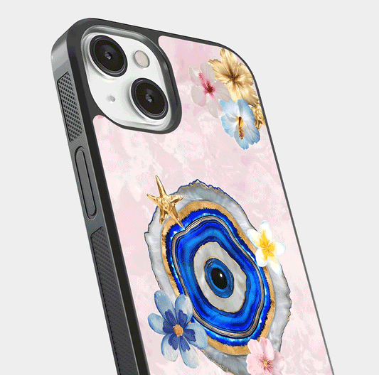 Divine Aura Bloom Glass Case for iPhone 13 Mini close-up highlighting flower glow and reflection tone