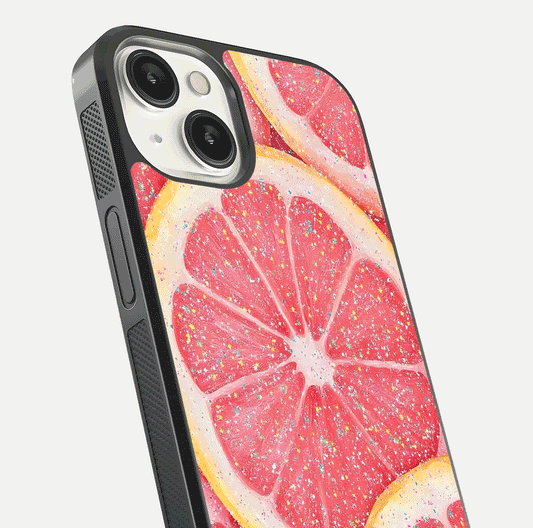 Glitter Grapefruit Glass Case for iPhone 13 Mini close-up angled shot showing fruit texture and glitter reflection