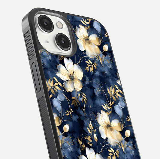 Golden Midnight Bloom Glass Case for iPhone 13 Mini close-up angled shot showing floral detail and reflection shine