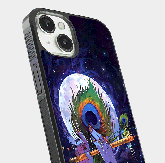 Krishna Hands Art Glass Case for iPhone 13 Mini close-up angled shot showing detailed hand design and shine