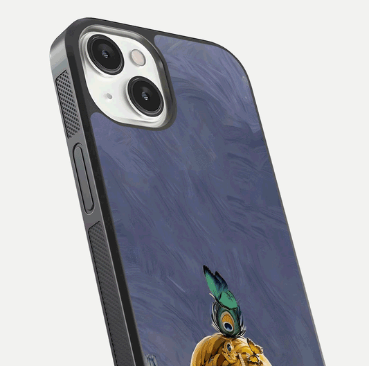 Lord Krishna Glass Case for iPhone 13 Mini angled close-up showing intricate flute and reflection details
