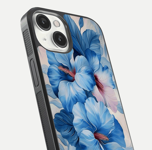 Ocean Hibiscus Grace Glass Case for iPhone 13 Mini close-up angled shot highlighting floral glow and HD shine