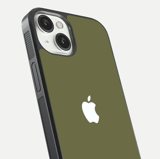Olive Matte Essence Glass Case for iPhone 13 Mini close-up angled shot showing soft reflection and minimal finish