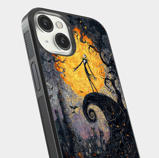 Pumpkin Moon Night Glass Case for iPhone 13 Mini close-up angled shot showing moon reflection and Halloween glow