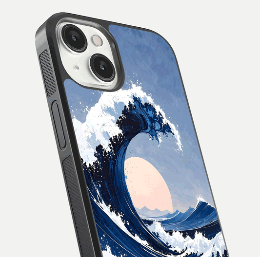 Rising Tide Power Glass Case for iPhone 13 Mini close-up angled shot highlighting water motion and reflection