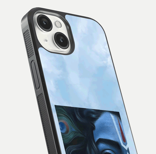 Spiritual Krishna Glass Case for iPhone 13 Mini close-up angled shot showing HD print, color tone, and reflection
