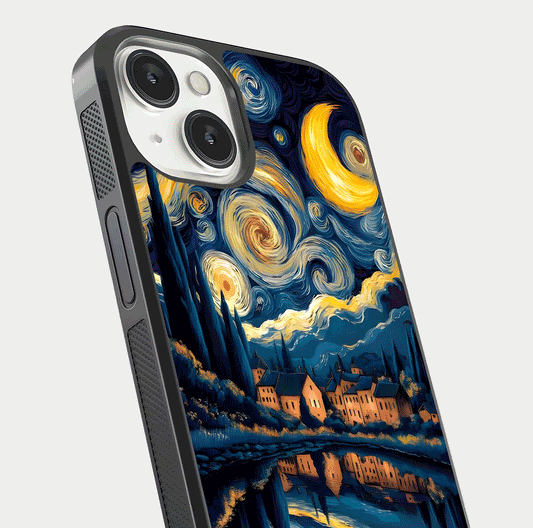 Starry Sky Serenity Glass Case for iPhone 13 Mini close-up angled shot highlighting light reflection and blue hues