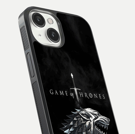 Throne Wolf Legacy Glass Case for iPhone 13 Mini close-up angled shot highlighting fur texture and reflection
