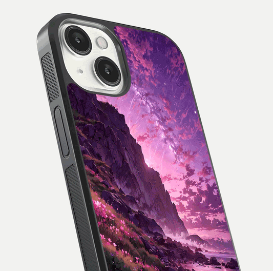 Twilight Blossom Coast Glass Case for iPhone 13 Mini close-up angled shot highlighting gradient sky and reflection