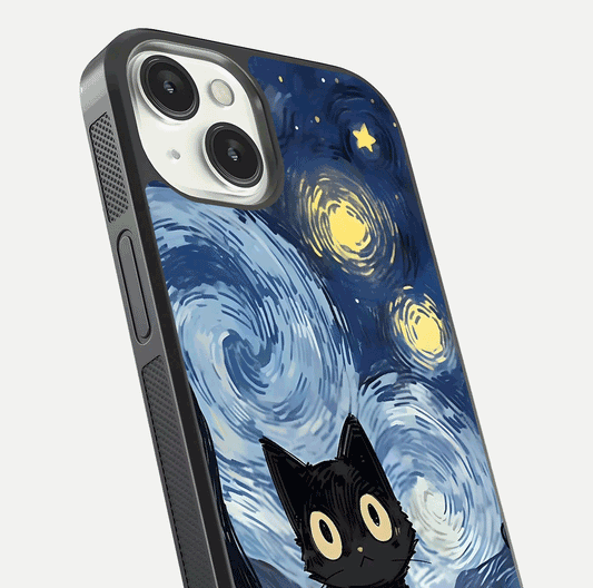 Van Gogh Cat Glass Case for iPhone 13 Mini close-up angled shot highlighting brushstroke texture and reflection