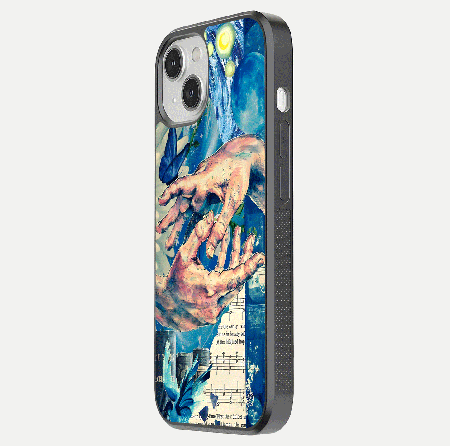 Aesthetic Divider Glass Case for iPhone 13 Mini side-angle image showing divider pattern print, camera module, and glossy finish reflection