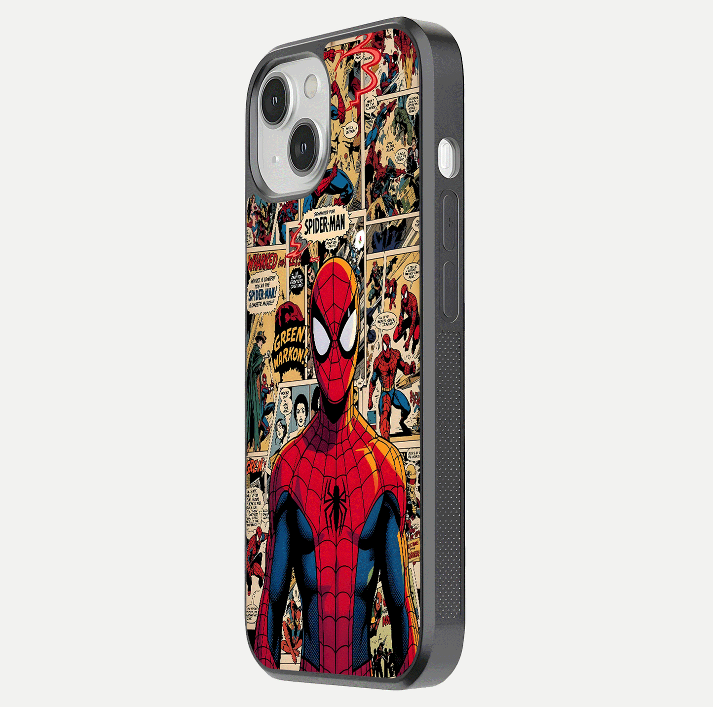 Aesthetic Spider Man Glass Case for iPhone 16 Pro side-angle image showing superhero comic print, camera module, and glossy finish reflection
