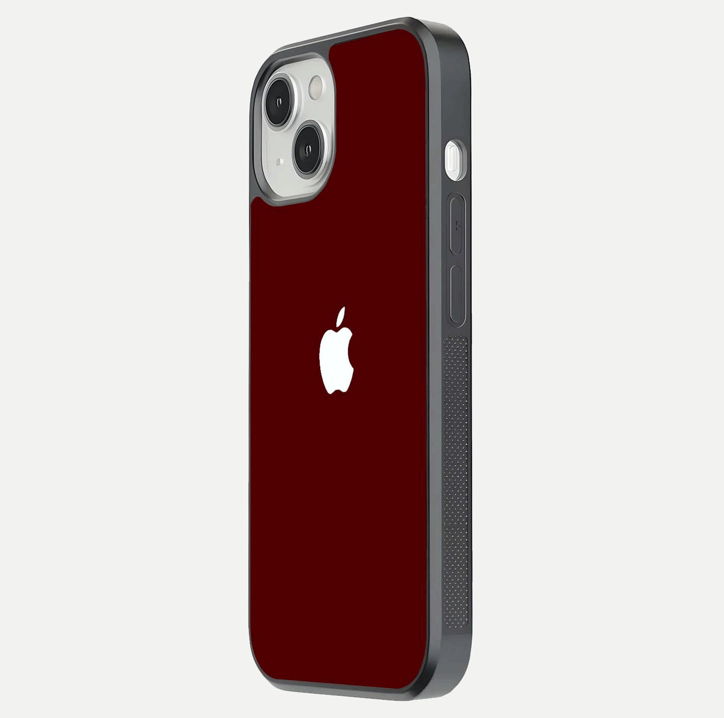 Apple Crimson Core Glass Case for iPhone 13 Mini side-angle shot showing camera bump alignment and glossy shine
