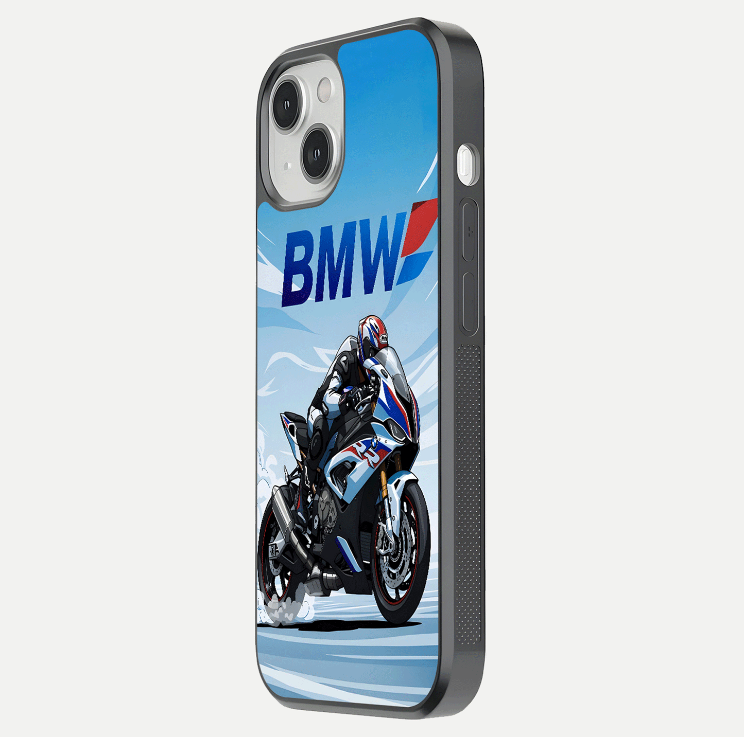 BMW Power Drift Glass Case for iPhone 13 Mini side-angle image emphasizing smooth finish and detailed design