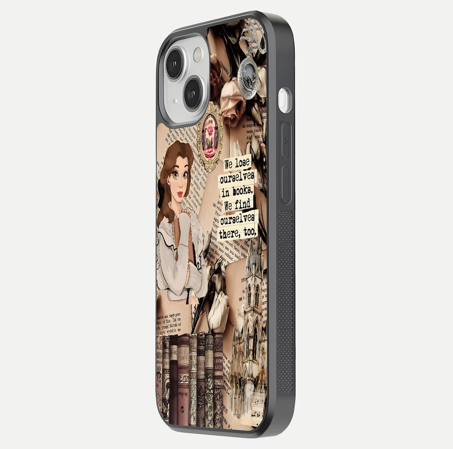 Bookish Dream World Glass Case for iPhone 13 Mini side-angle image showing detail depth and smooth corner polish