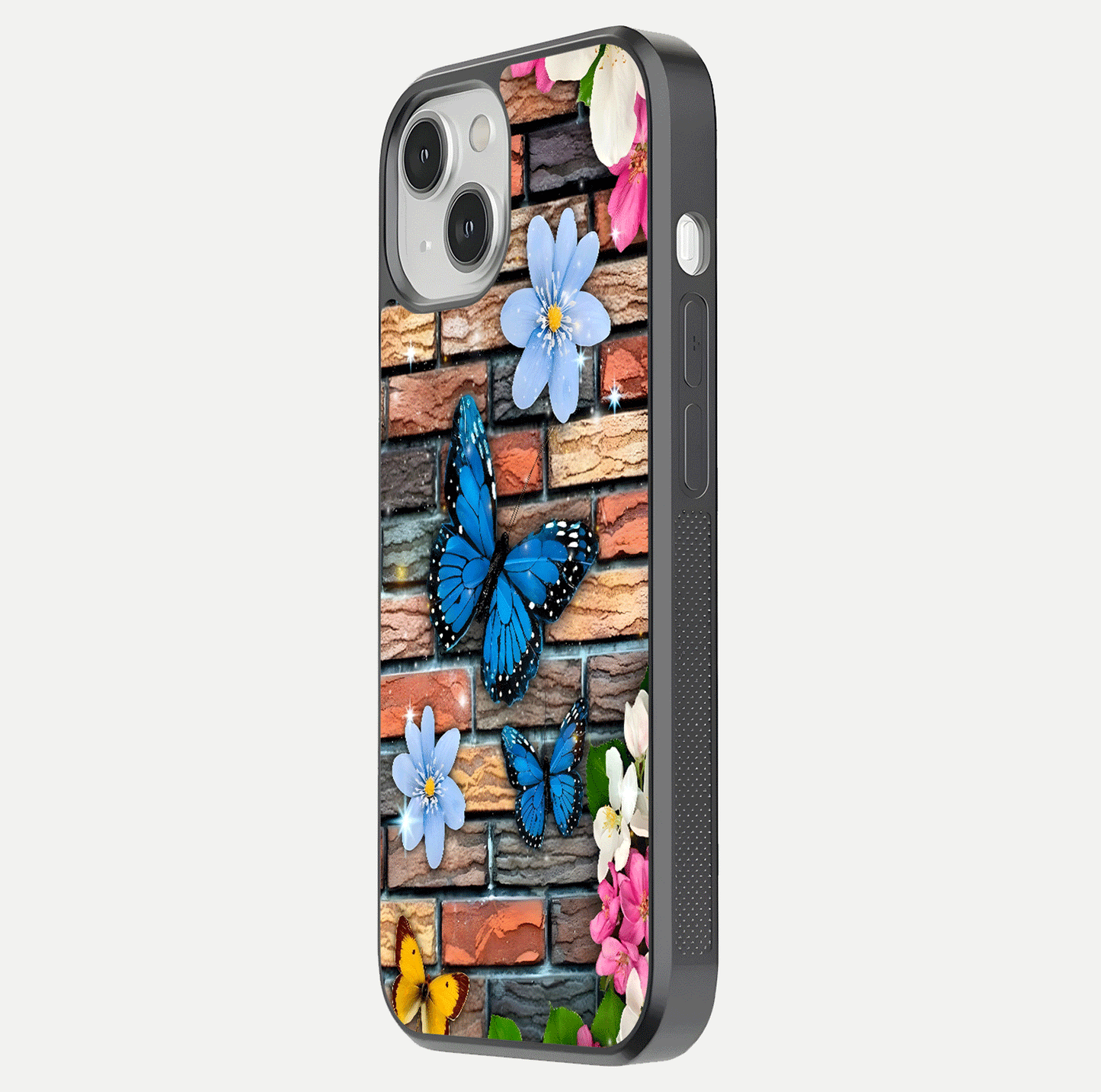 Brick Bloom Flight Glass Case for iPhone 13 Mini side-angle photo showing curve shine and detailed petal contrast
