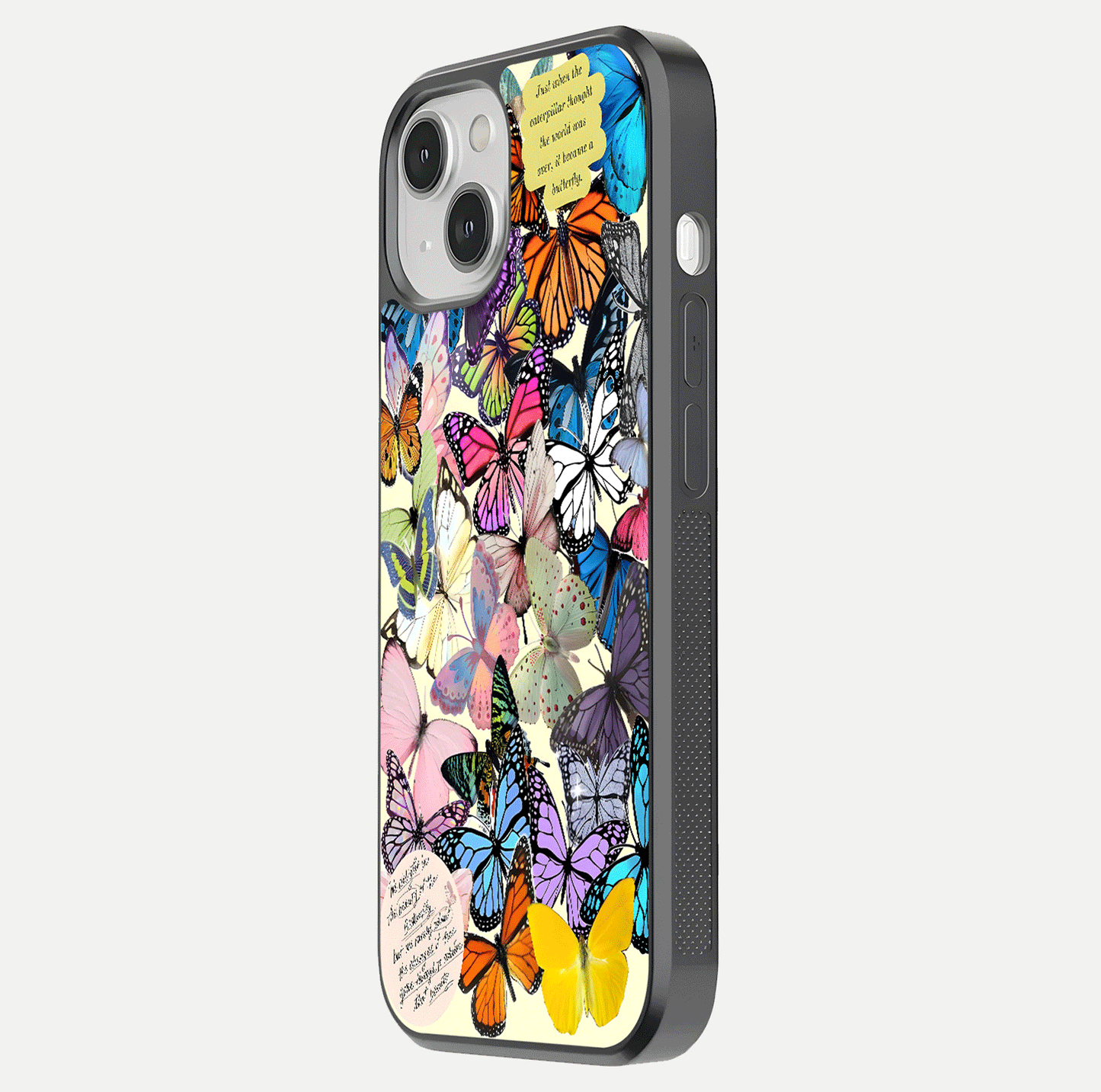 Butterflies Petal Dream Glass Case for iPhone 13 Mini side-angle shot showing butterfly motion and curved edges