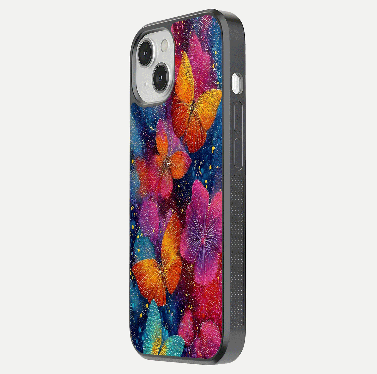 Butterfly Dream Mist Glass Case for iPhone 13 Mini side-angle image showing soft gradient and reflective glow
