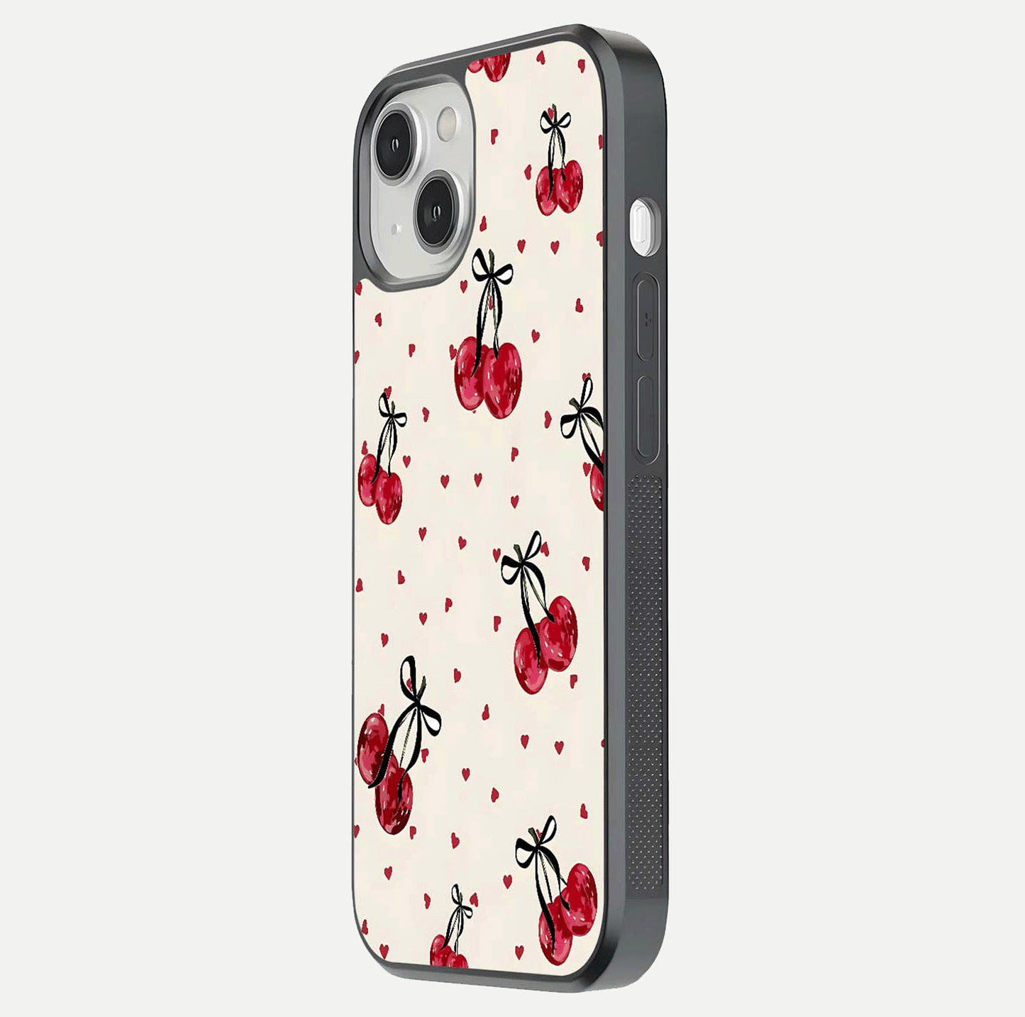 Cherry Heart Bow Glass Case for iPhone 13 Mini side-angle image capturing gloss texture and charm bow art