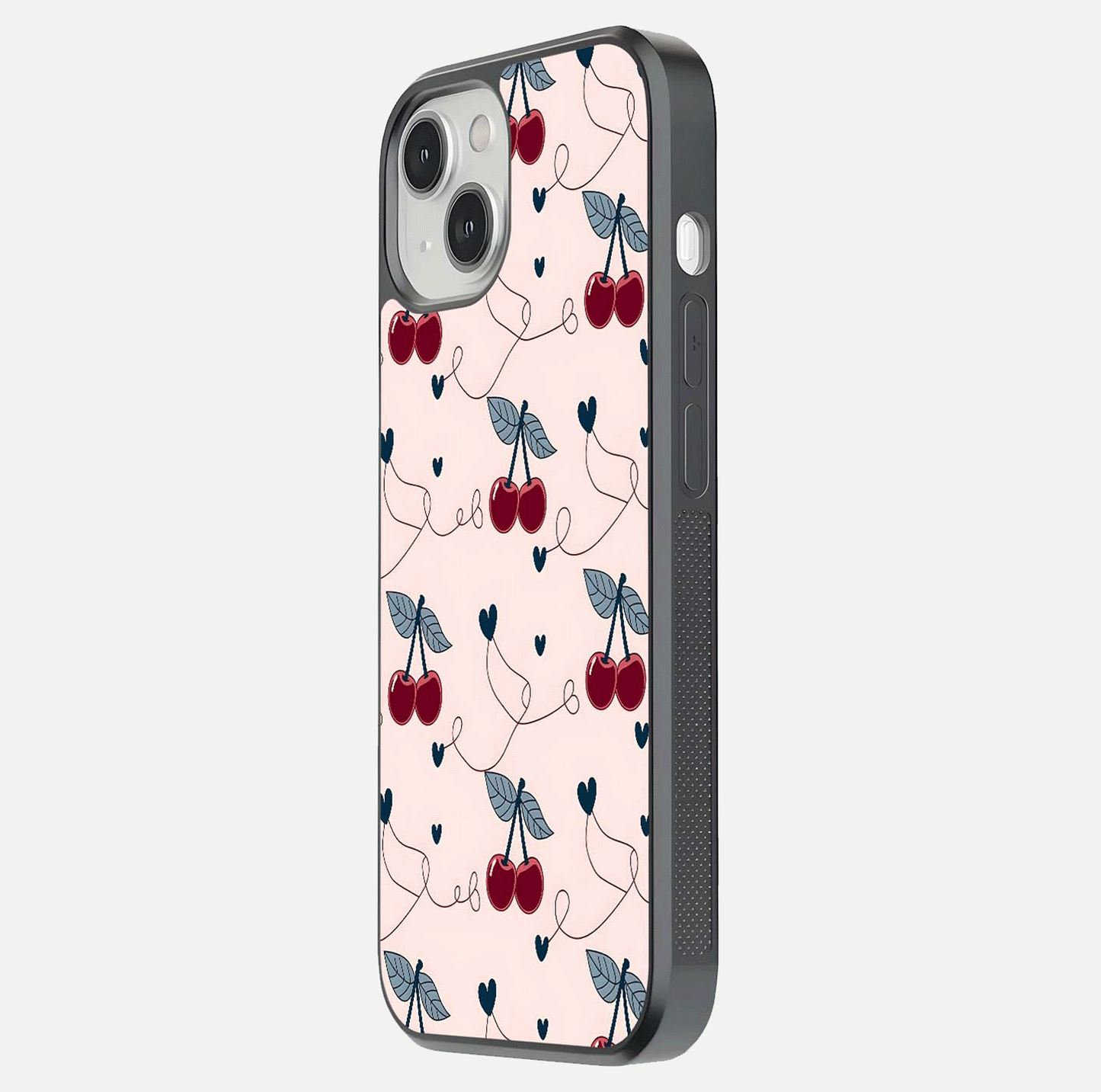 Cherry Heart Line Glass Case for iPhone 13 Mini side-angle view capturing smooth curves and shine effect