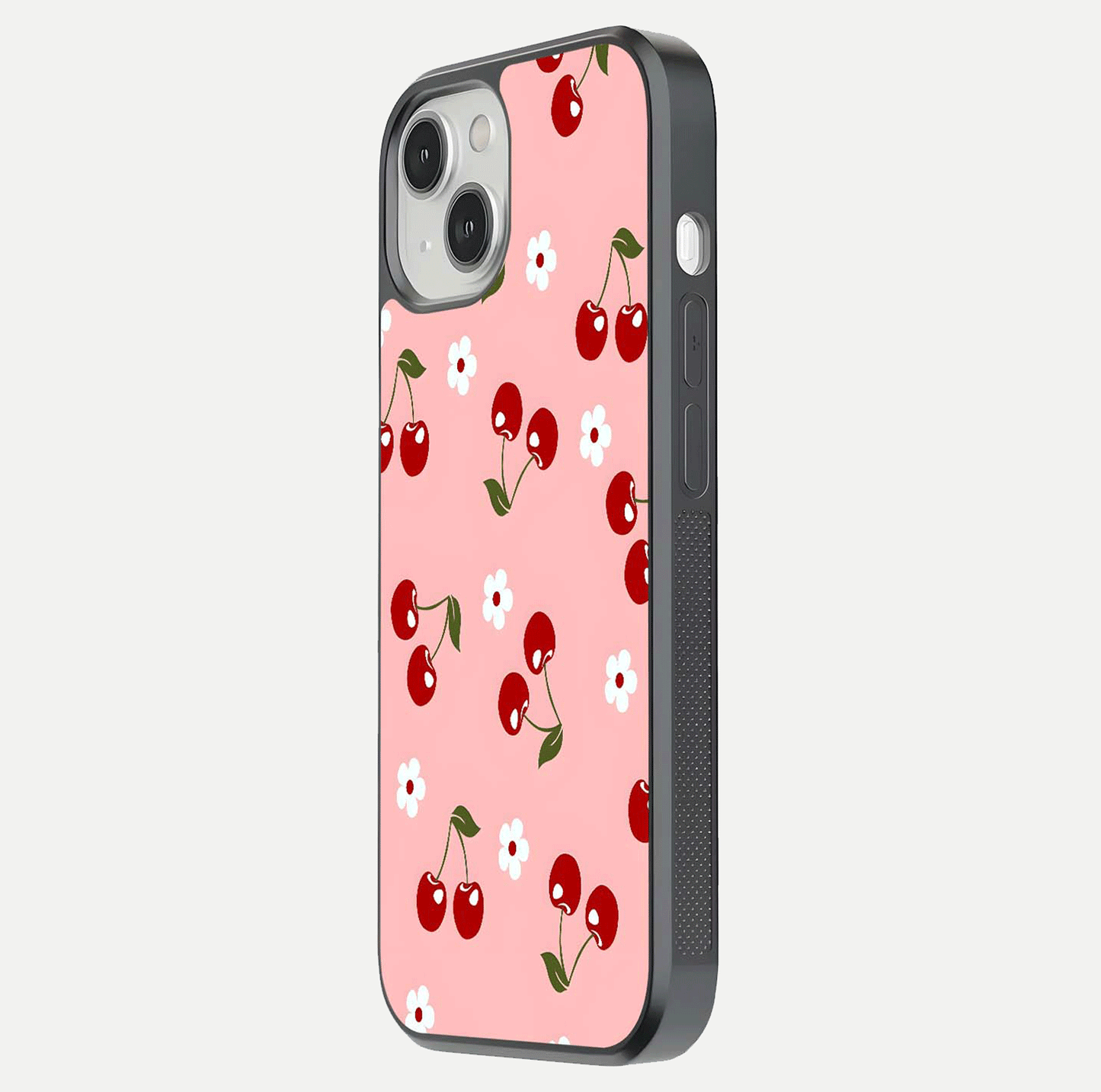 Cherry Love Mood Glass Case for iPhone 13 Mini side-angle image capturing smooth gloss and delicate details