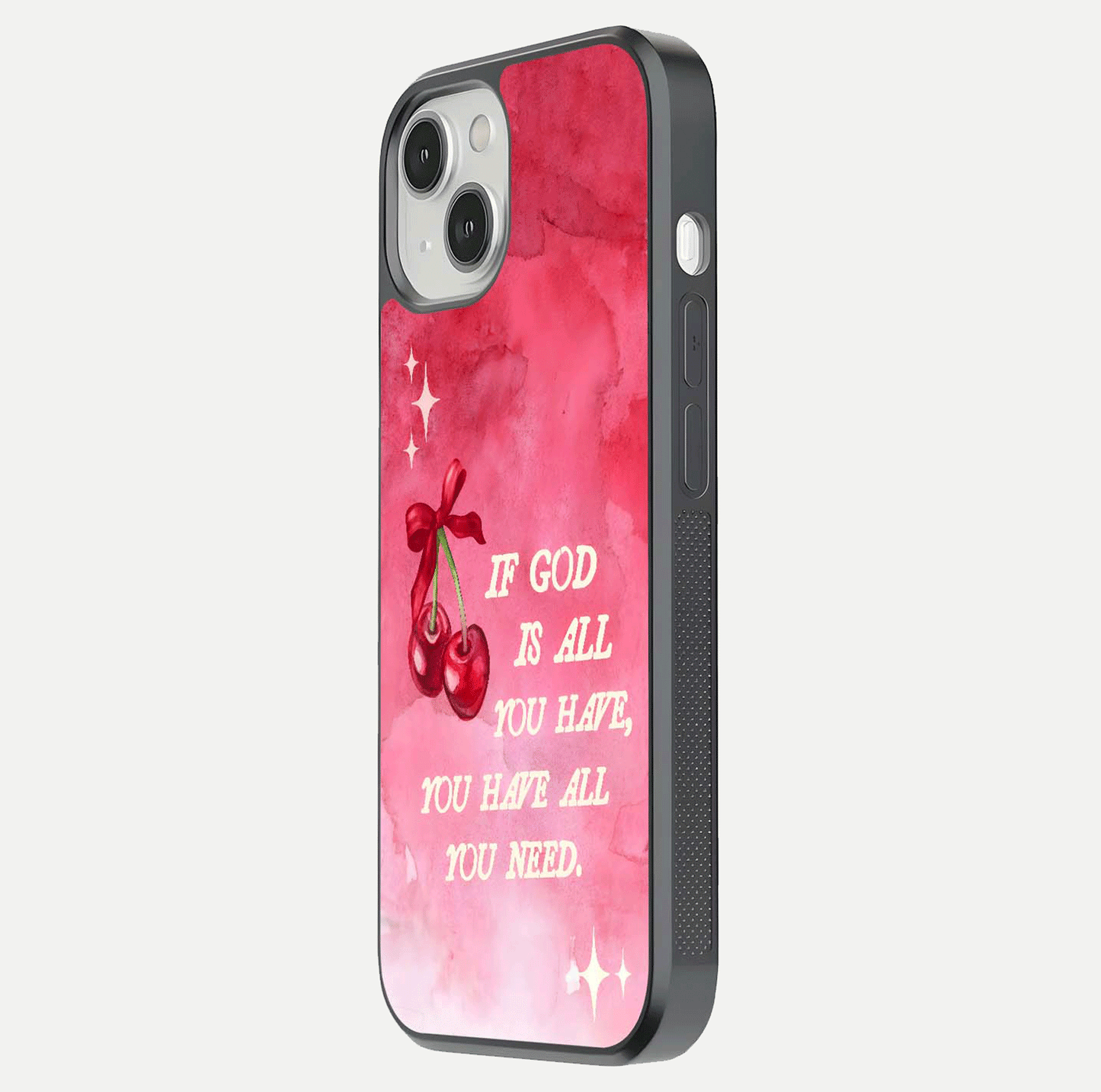 Cherry Quote Glass Case for iPhone 13 Mini side-angle image showing curve glow and glass detail