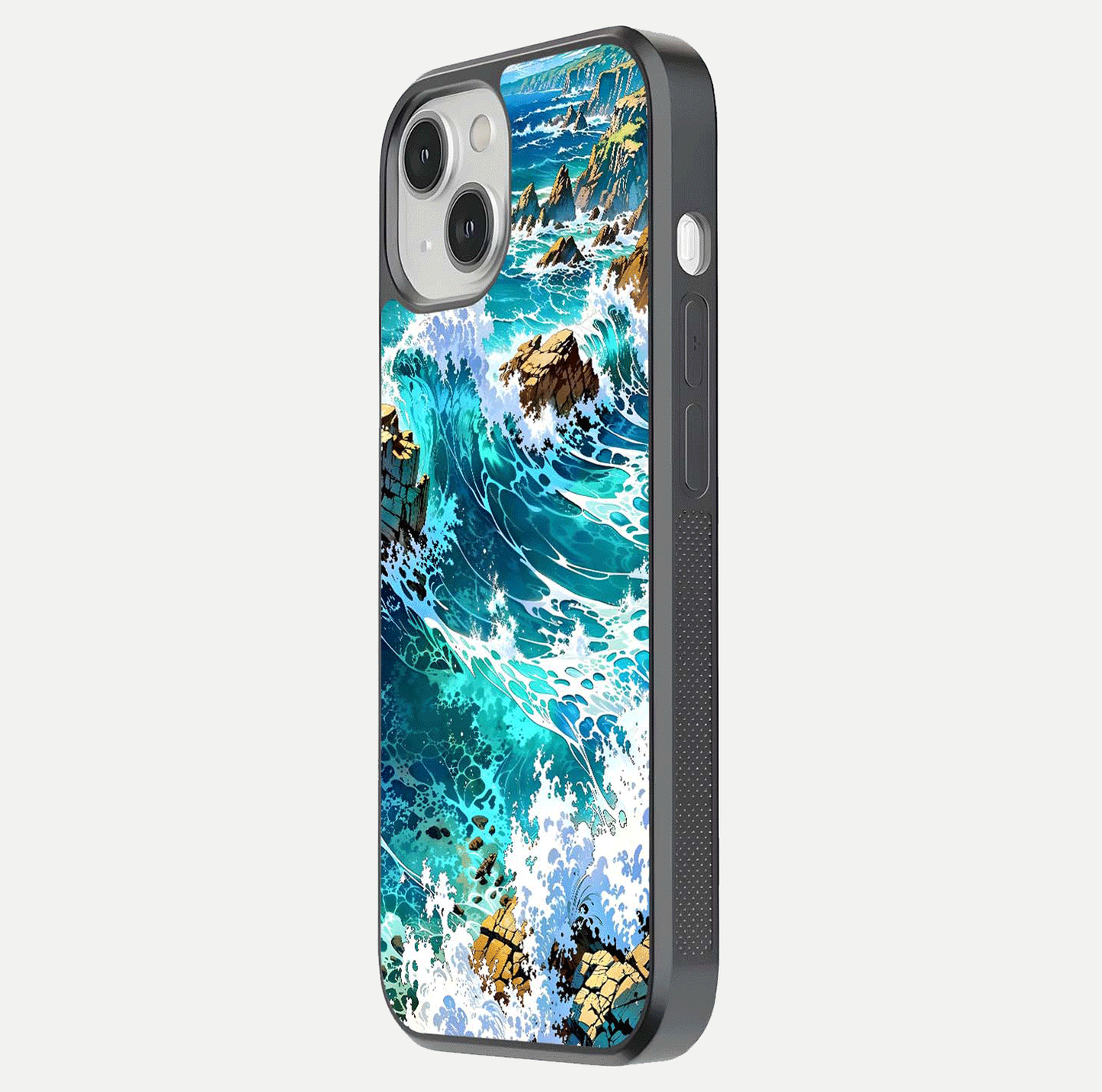 Coastal Blue Waves Glass Case for iPhone 13 Mini side-angle photo showing gloss texture and color depth