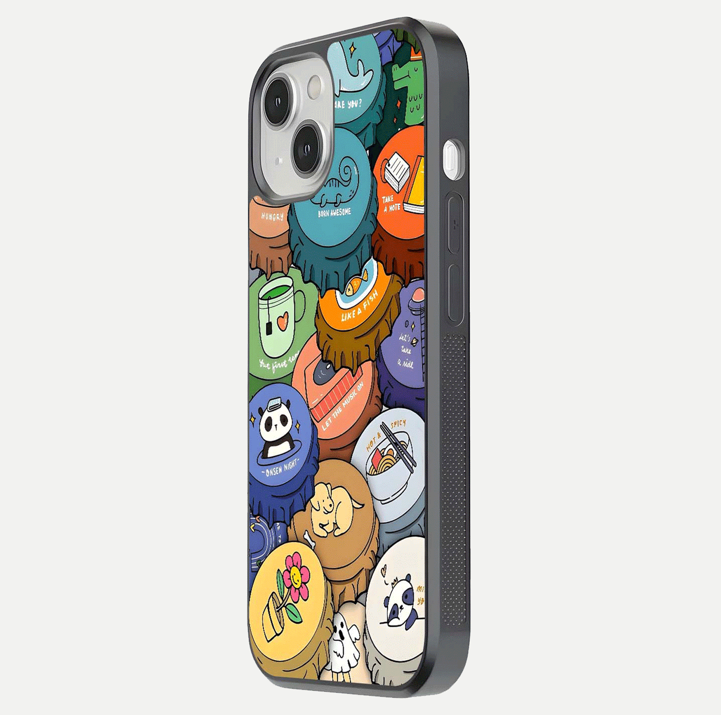 Coins Patterns Glass Case for iPhone 13 Mini side-angle photo capturing shine finish and curve glow