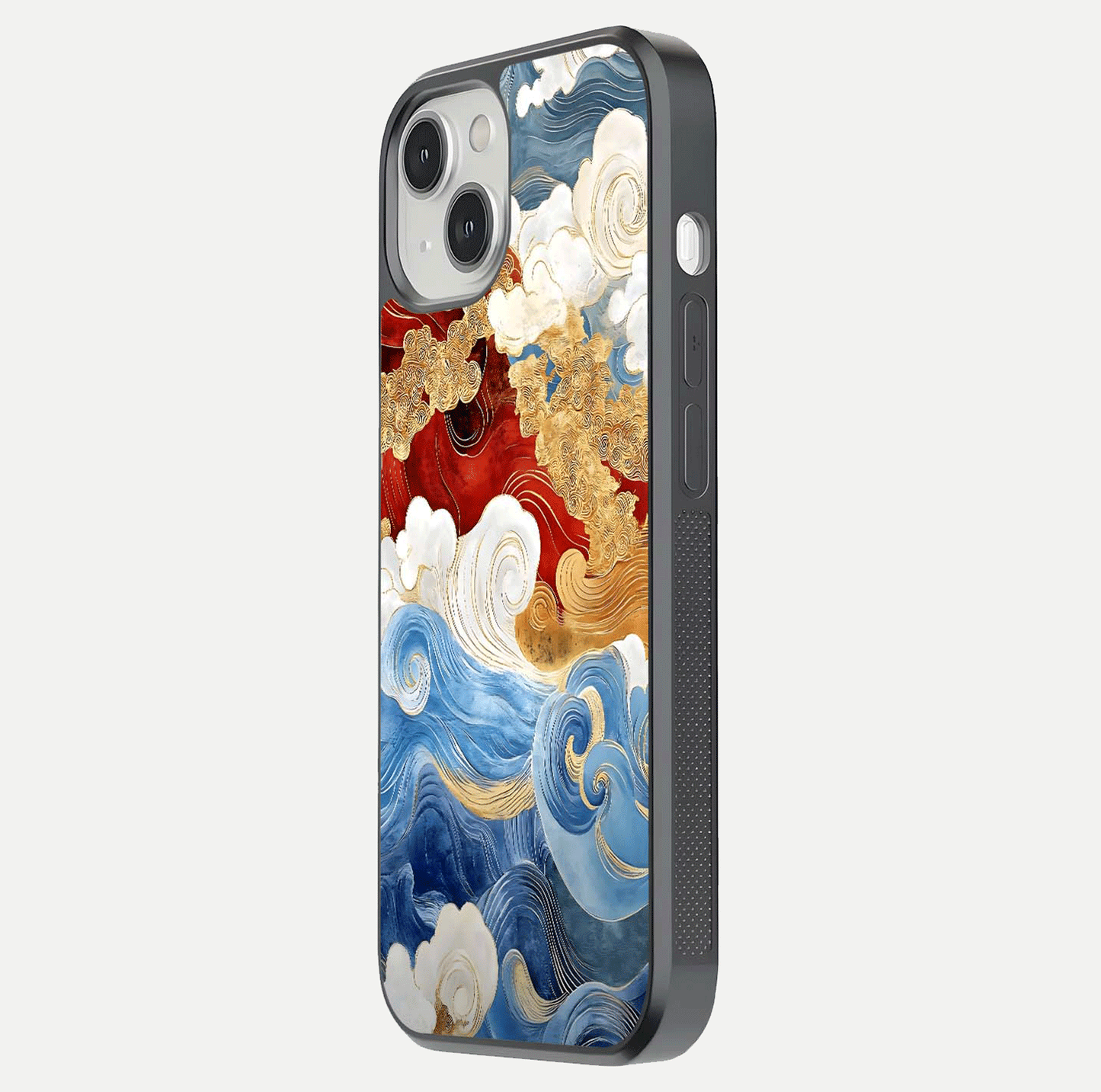 Colored Waves Glass Case for iPhone 13 Mini side-angle image showing light reflection, edge design, and shine