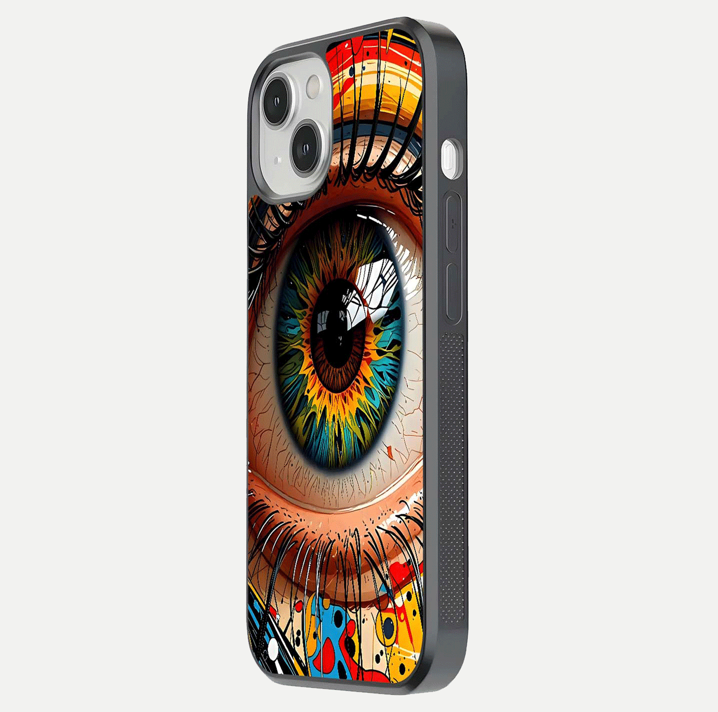 Colorful Eye Glass Case for iPhone 13 Mini side-angle photo showing reflective surface and design detail